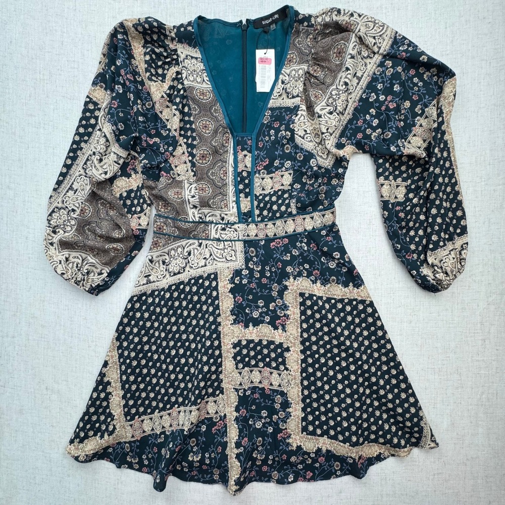 Sugar Lips Mini Dress Women Small Teal Paisley Floral Patchwork Boho Romantic
